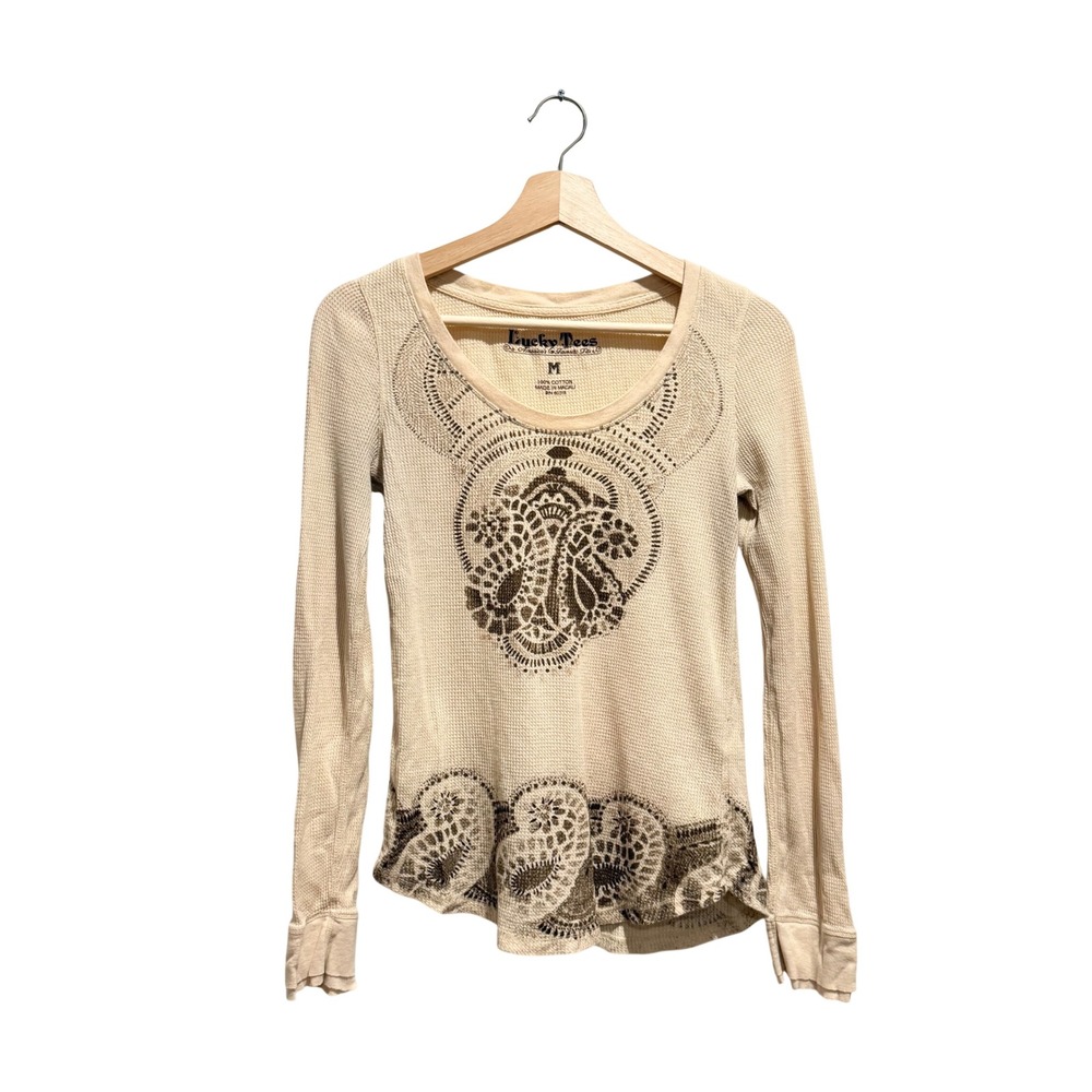 Lucky Brand Cream‎ Waffle Knit Thermal Graphic Long Sleeve Top Size M